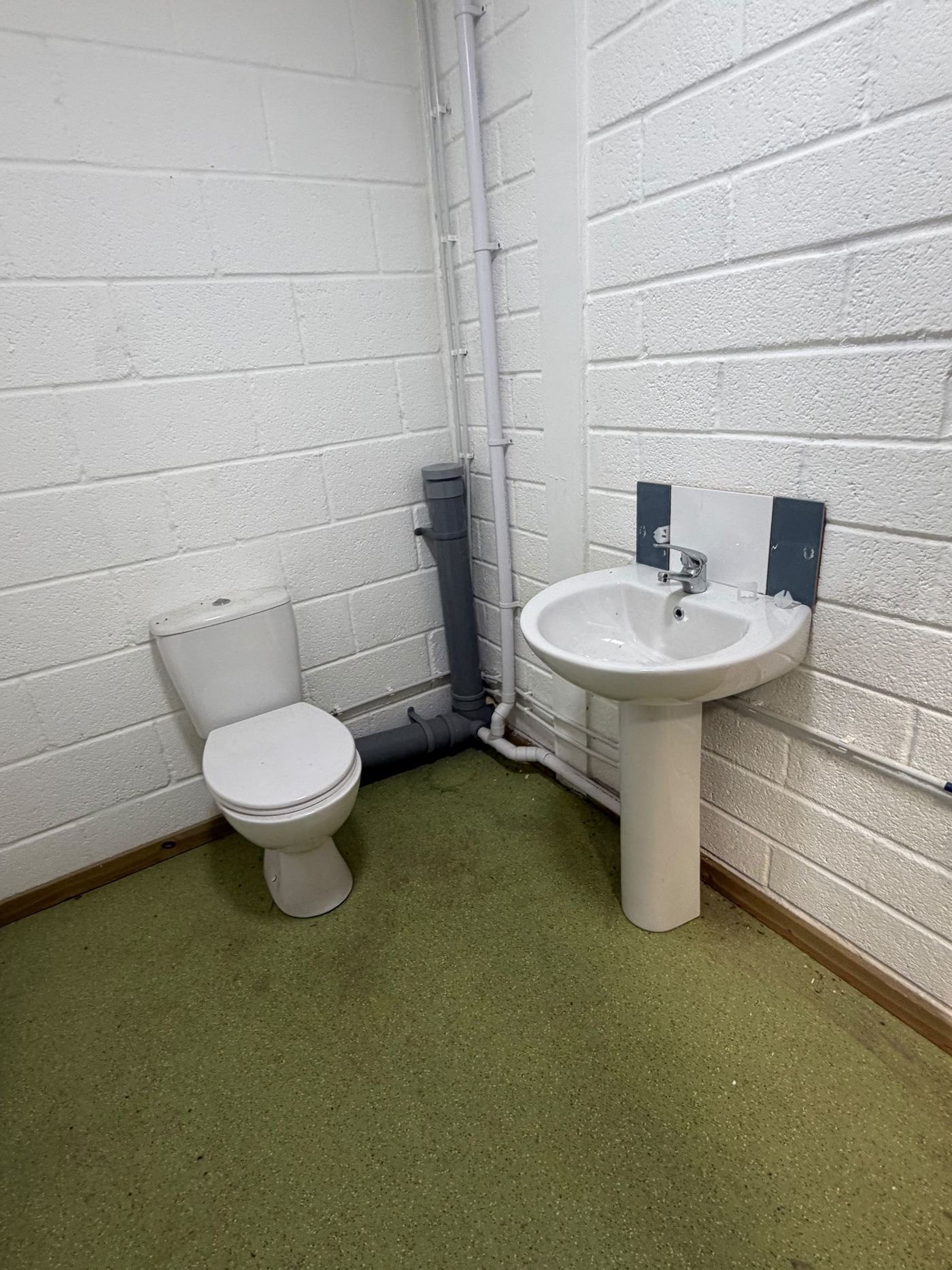 Ground-floor disabled-access WC with white pedestal sink and toilet