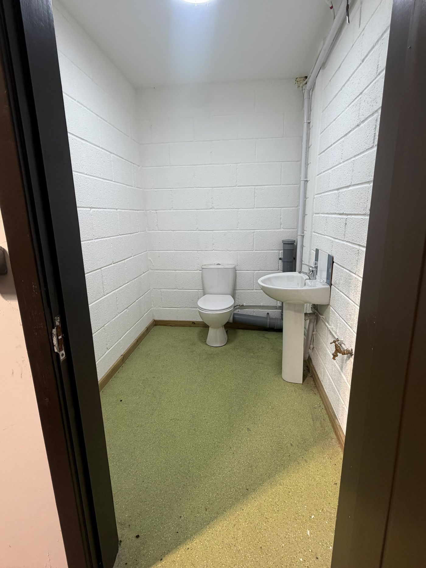 Accessible ground-floor toilet finished with painted block walls and non-slip flooring